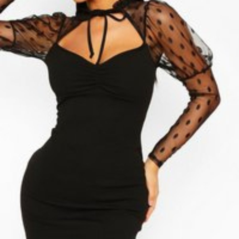 Black Dobby Mesh Puff Sleeve Mini Dress